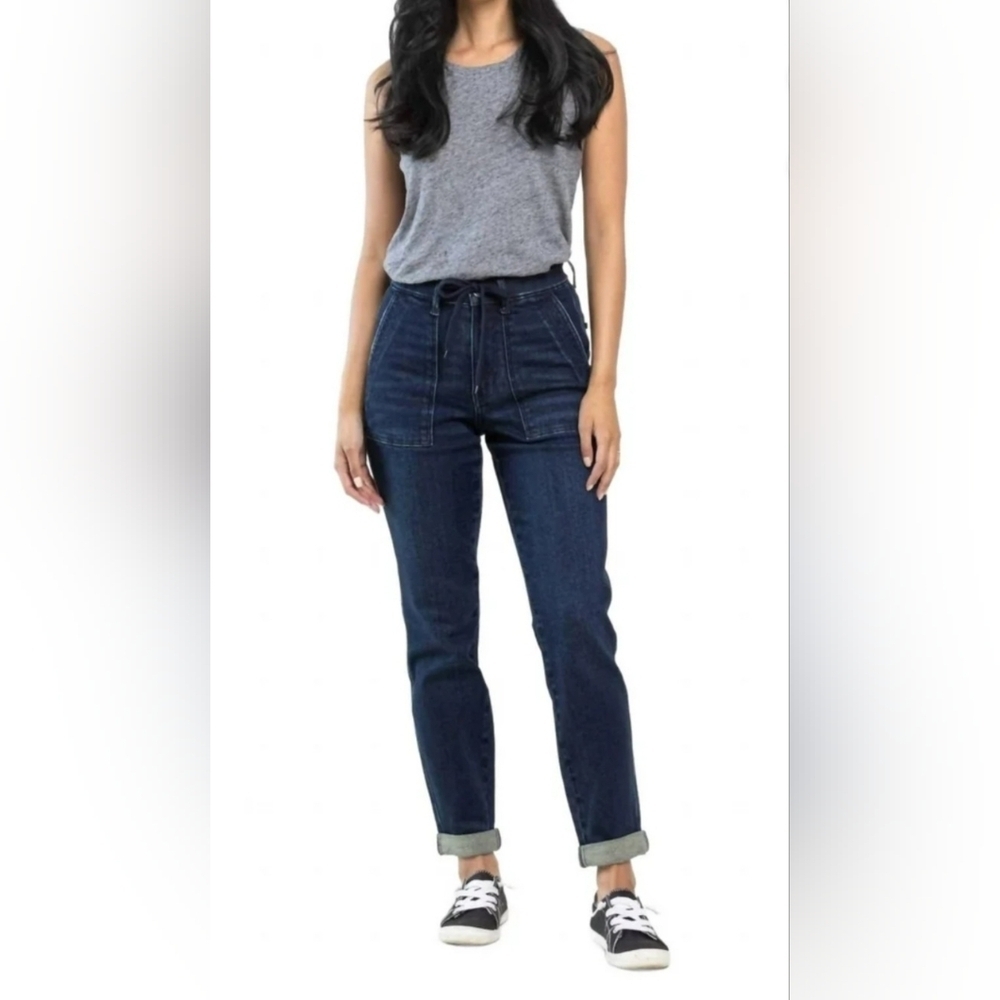 Judy Blue High Rise Dark Wash Double Cuffed Patch Pocket Denim Joggers 3/26